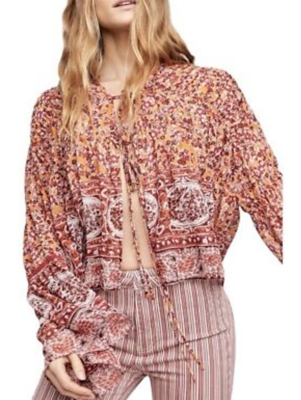 Free People Lorraine Tie Front Kimono Floral Top Size Large